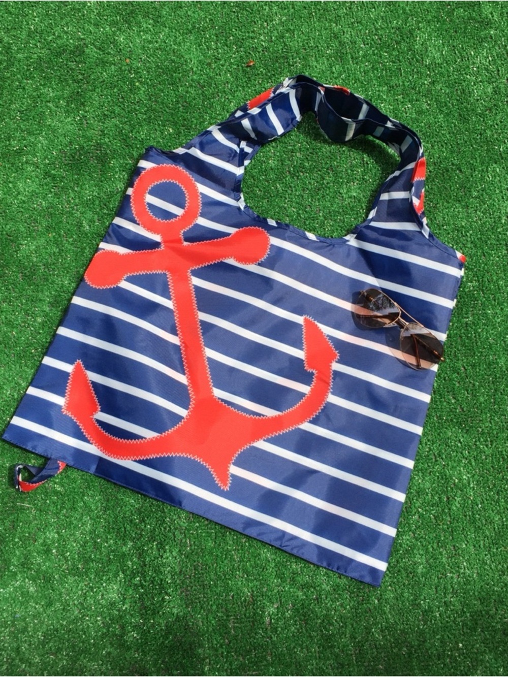 Navy Striped Travel Tote with Red Anchor Accent